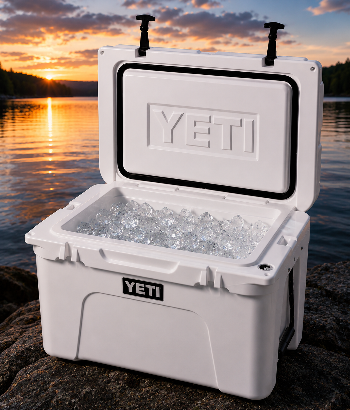 Yeti Tundra cooler filled with drinks on a lakeside at sunset